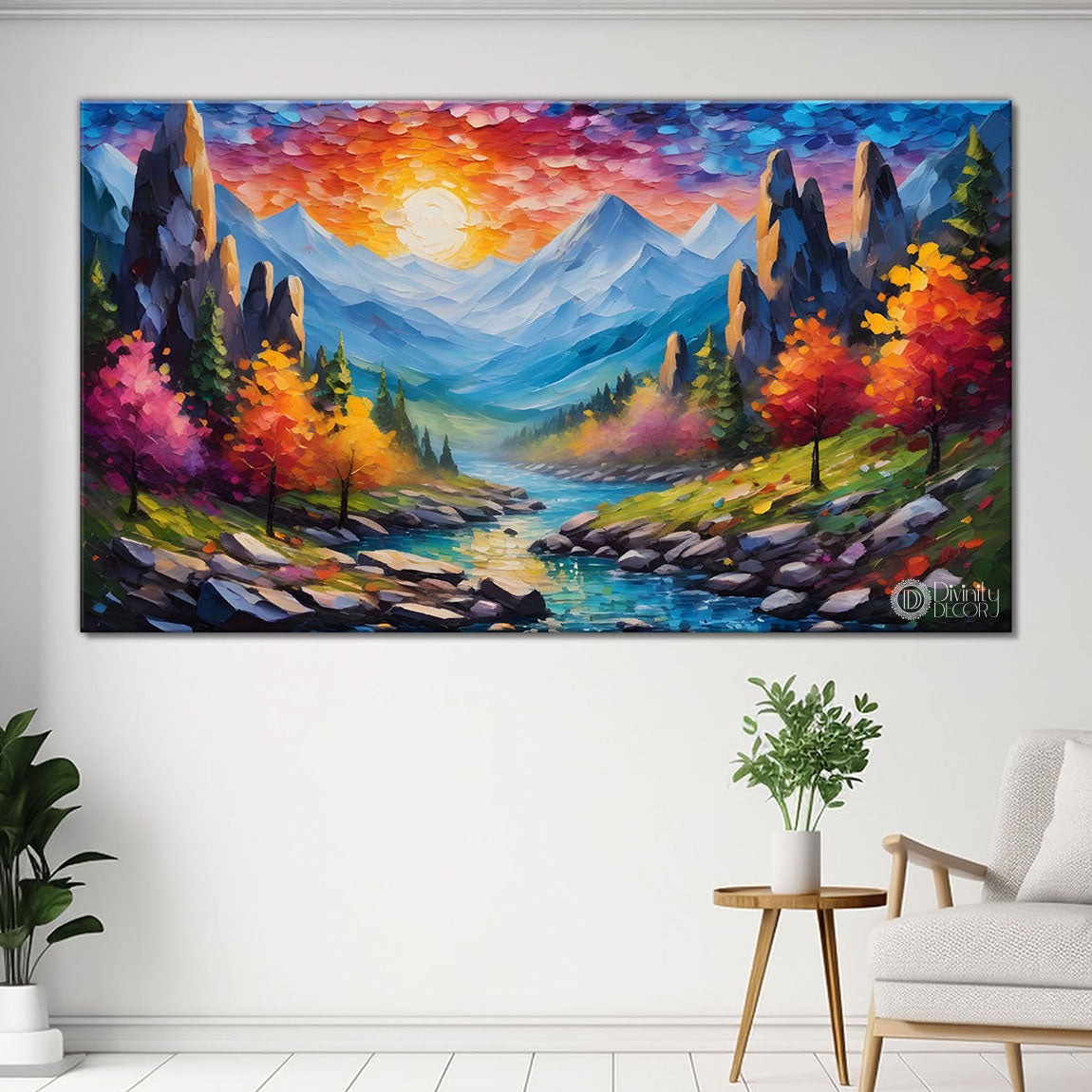 Mountains with colorful trees and lake painting Canvas Painting - Nature Art -580