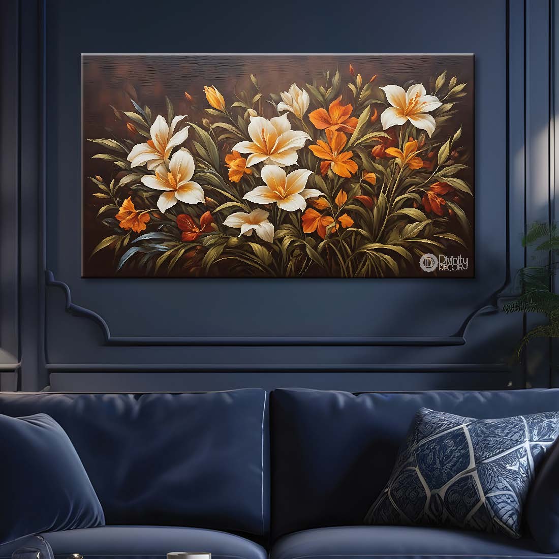White flowers in brown background canvas painting- Flower-581