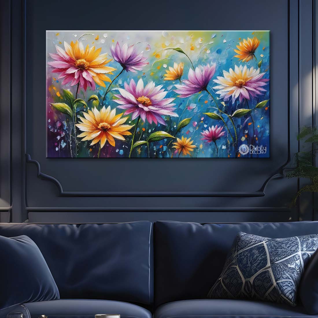 Colorful flowers with blue background canvas painting- Flower-582