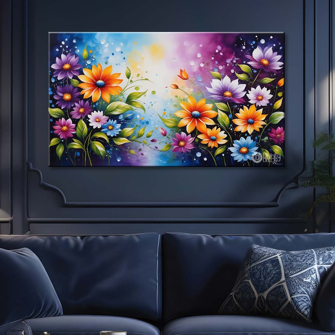 Colorful flowers with blue background canvas painting- Flower-583