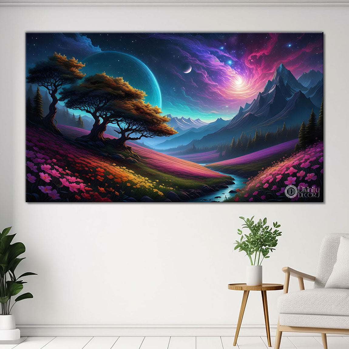 Mountains with trees with purple textured painting Canvas Painting - Nature Art -583