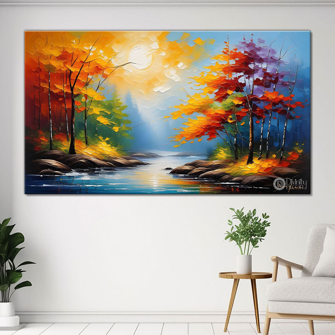 Orange trees with lake painting Canvas Painting - Nature Art -585