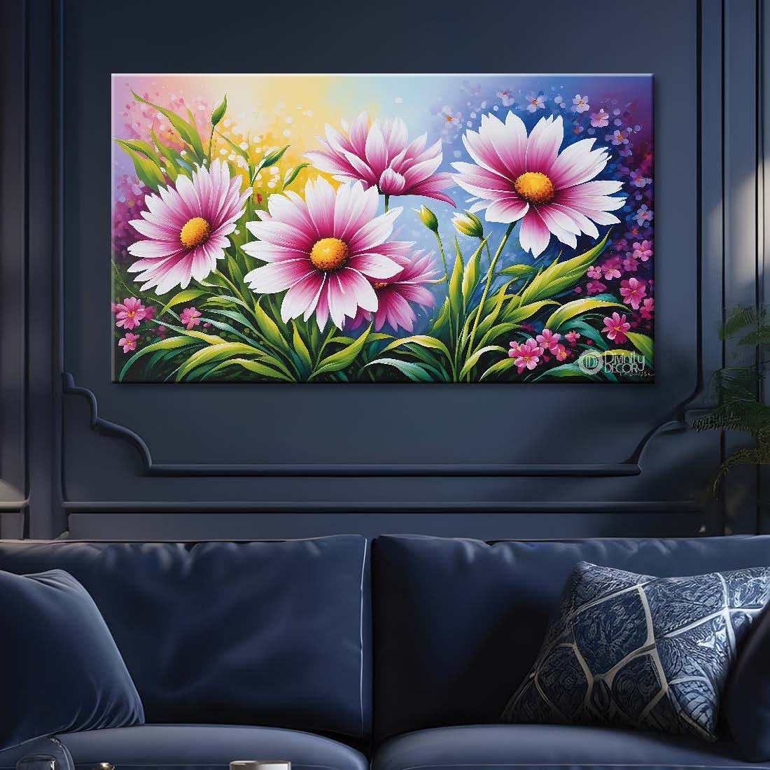 Purple flowers in blue background canvas painting- Flower-586