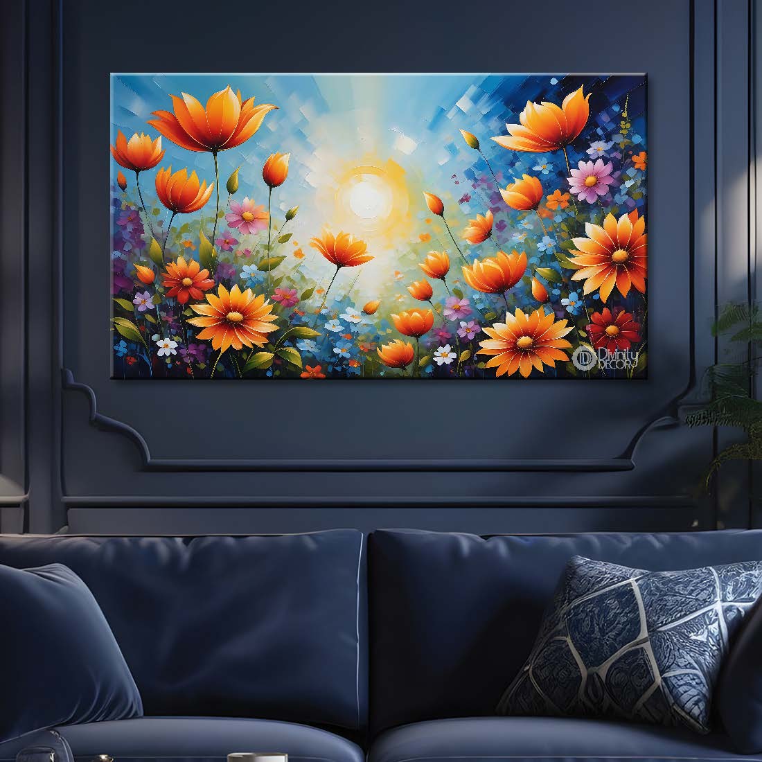 Orange flowers in blue background canvas painting- Flower-587