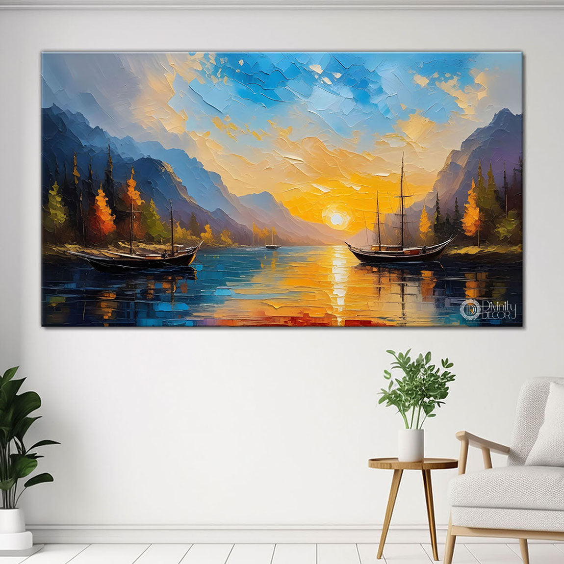 Mountains with river and sunset painting Canvas Painting - Nature Art -588