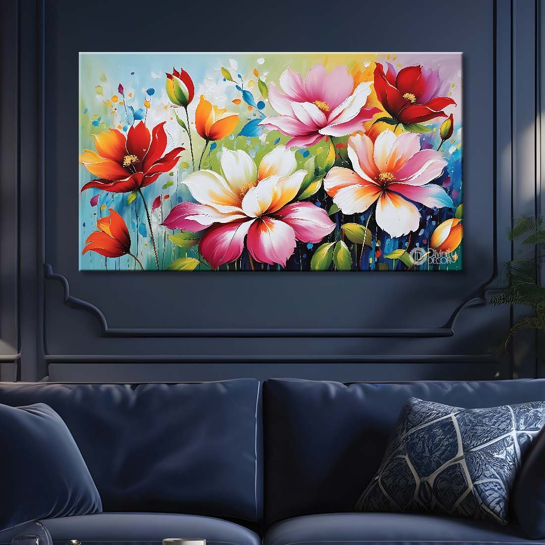 Colorful flowers in blue background canvas painting- Flower-589