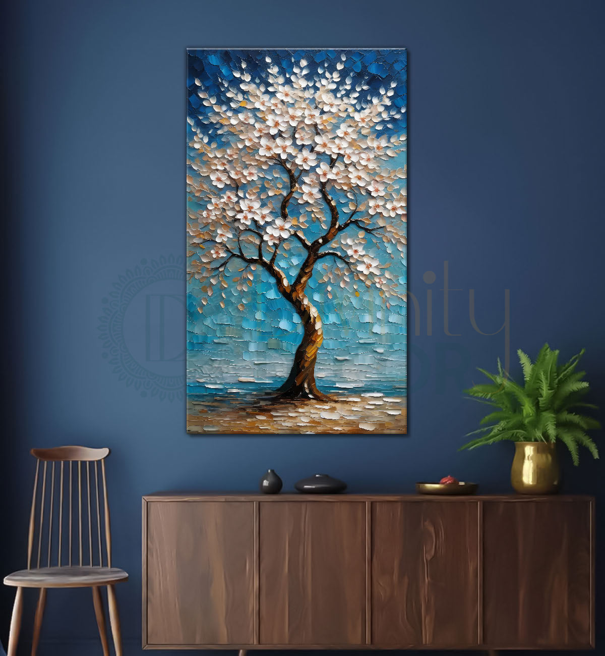 White flowers tree in textured oil painting Canvas painting - Tree-V-58