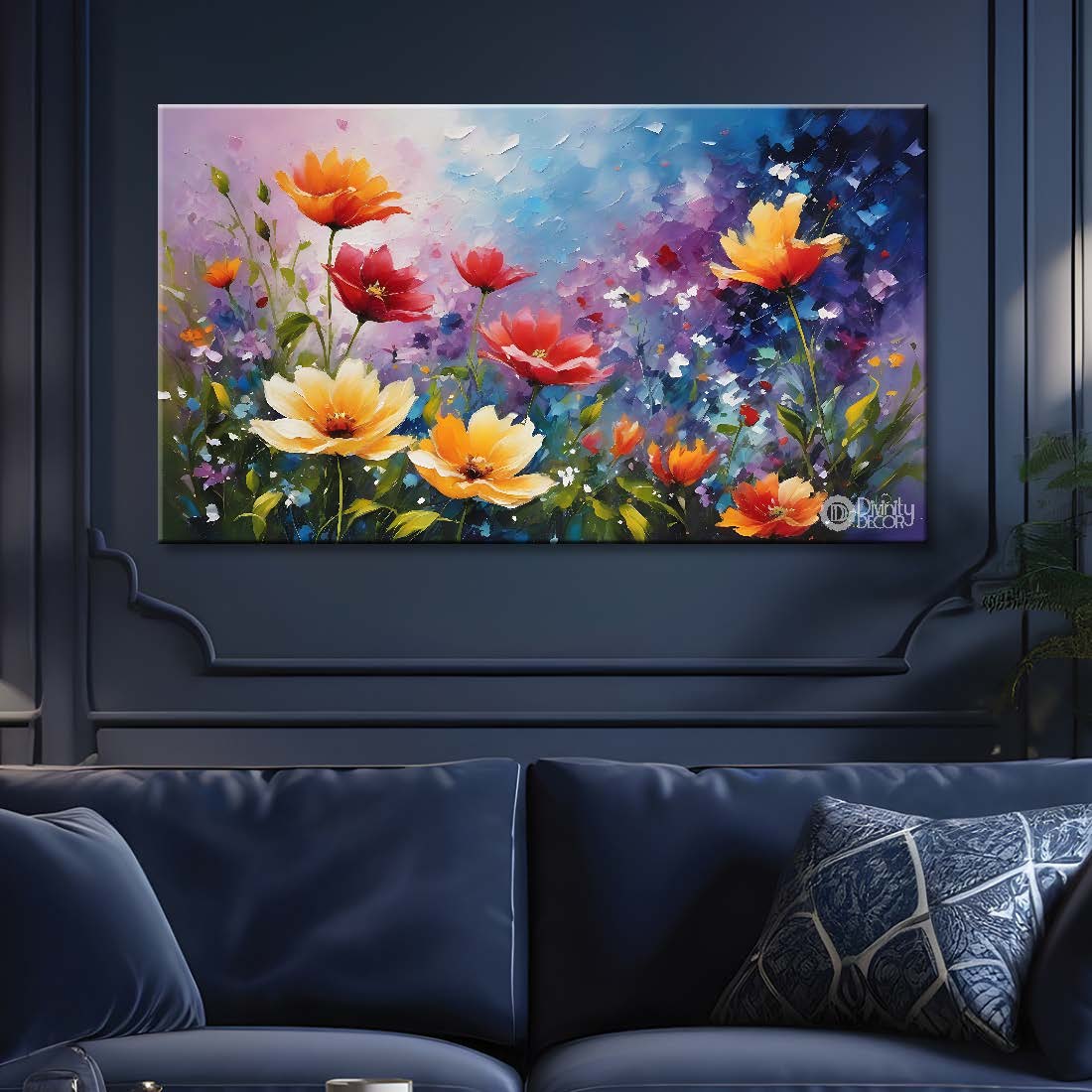 Colorful flowers in blue background canvas painting- Flower-590