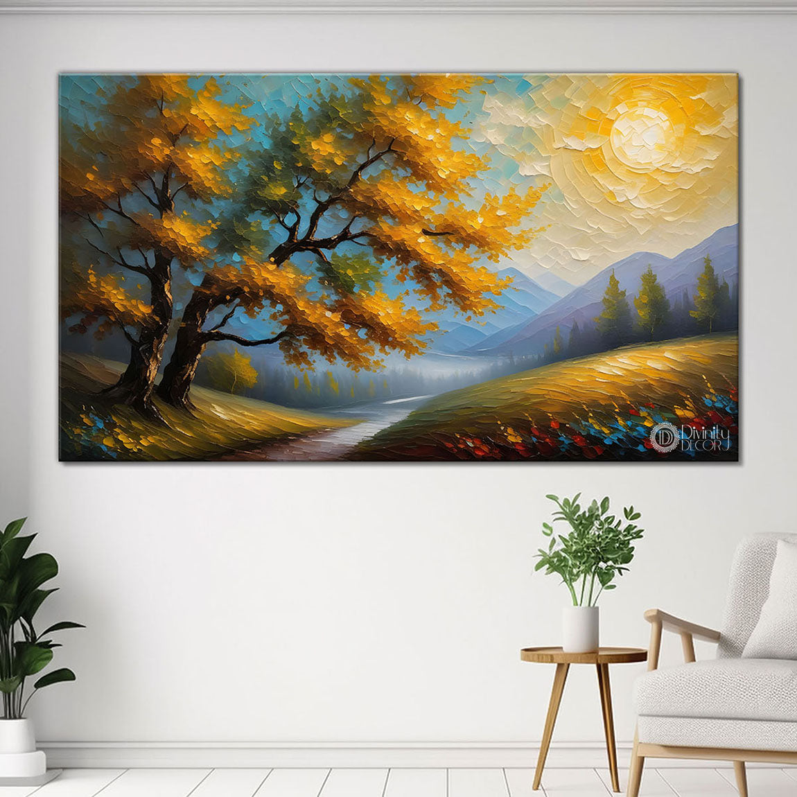 Yellow tree with mountains textured painting Canvas Painting - Nature Art -590
