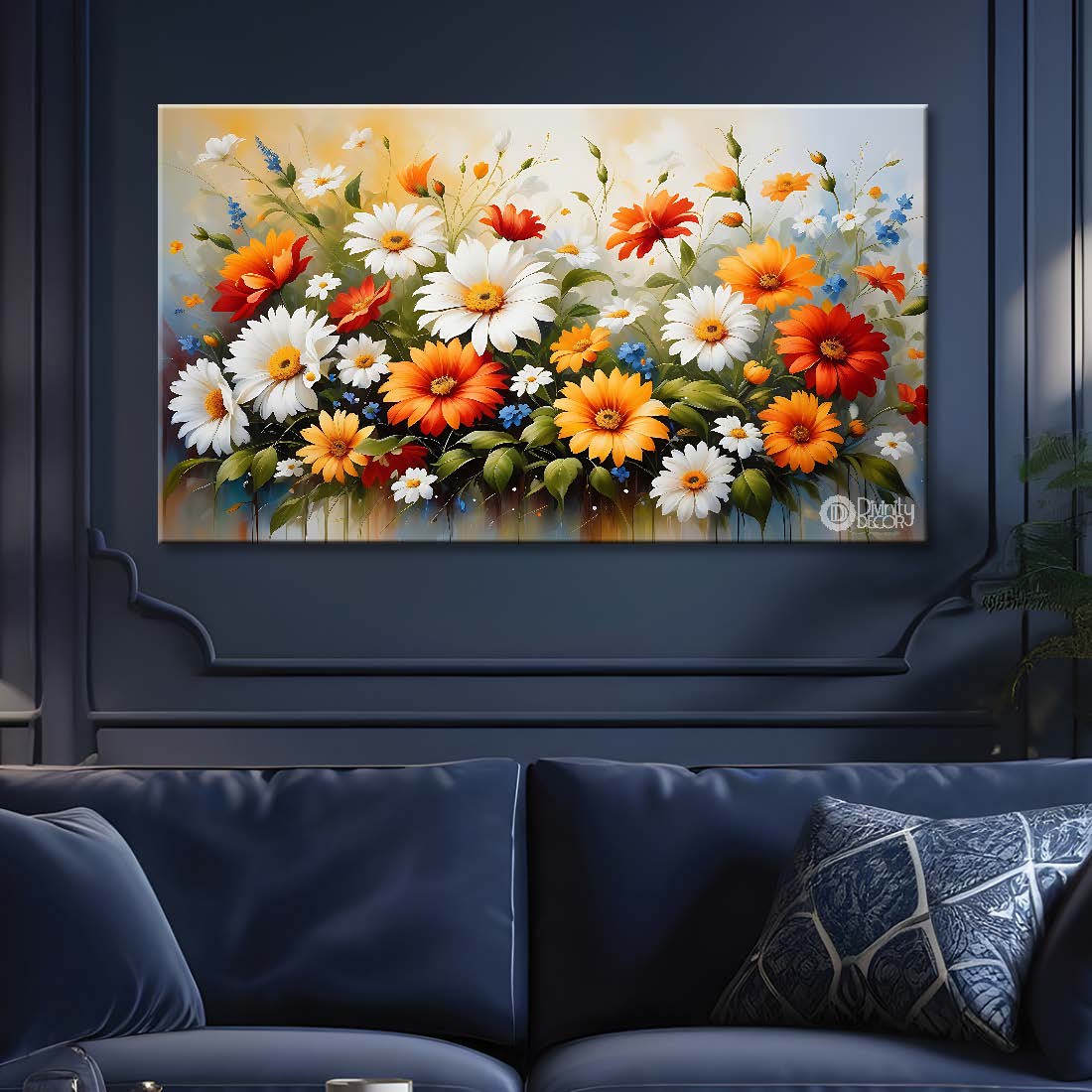 White and orange flowers in light background canvas painting- Flower-591