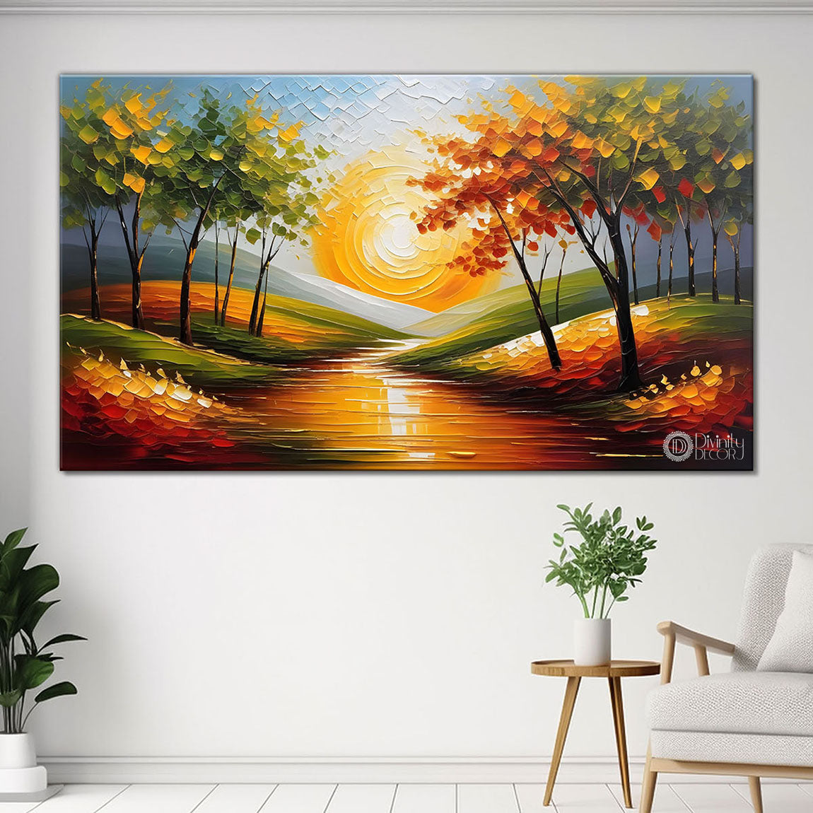 Colorful trees with lake painting Canvas Painting - Nature Art -591