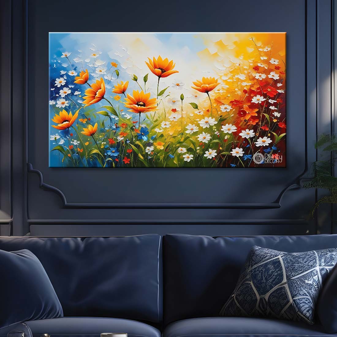Orange flowers in blue background canvas painting- Flower-592