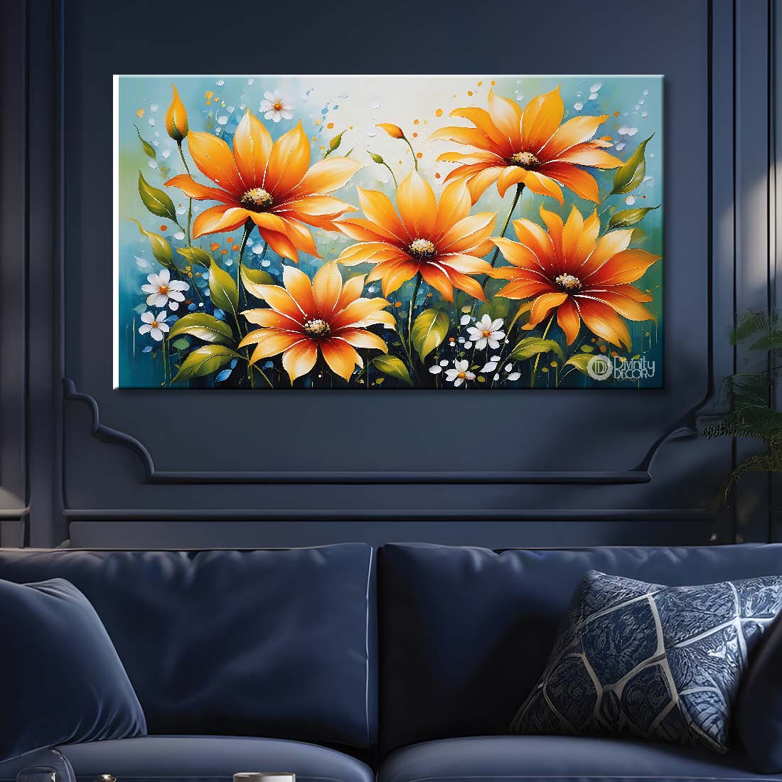 Orange flowers in blue background canvas painting- Flower-593