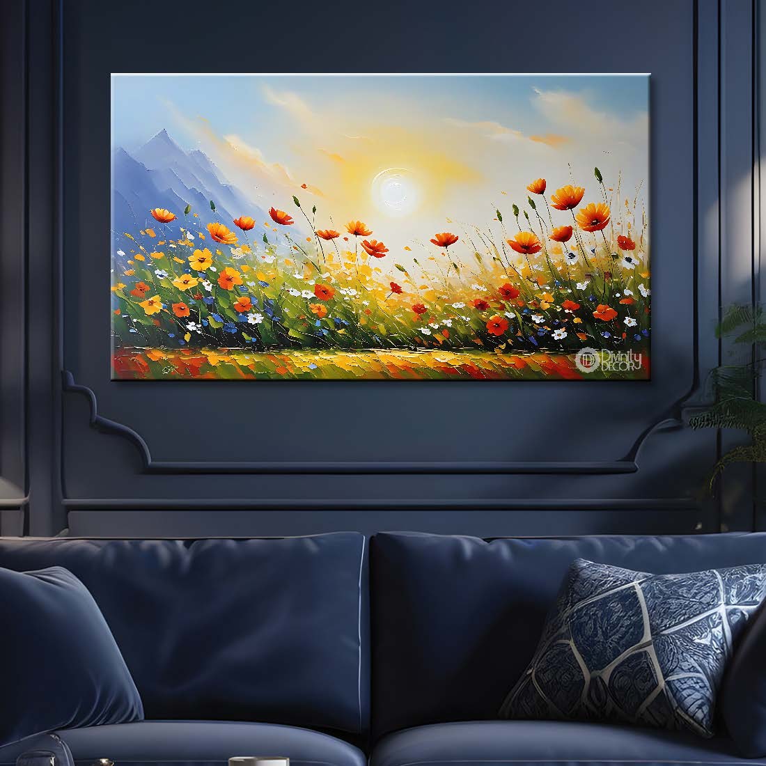 Orange flowers in blue background canvas painting- Flower-594