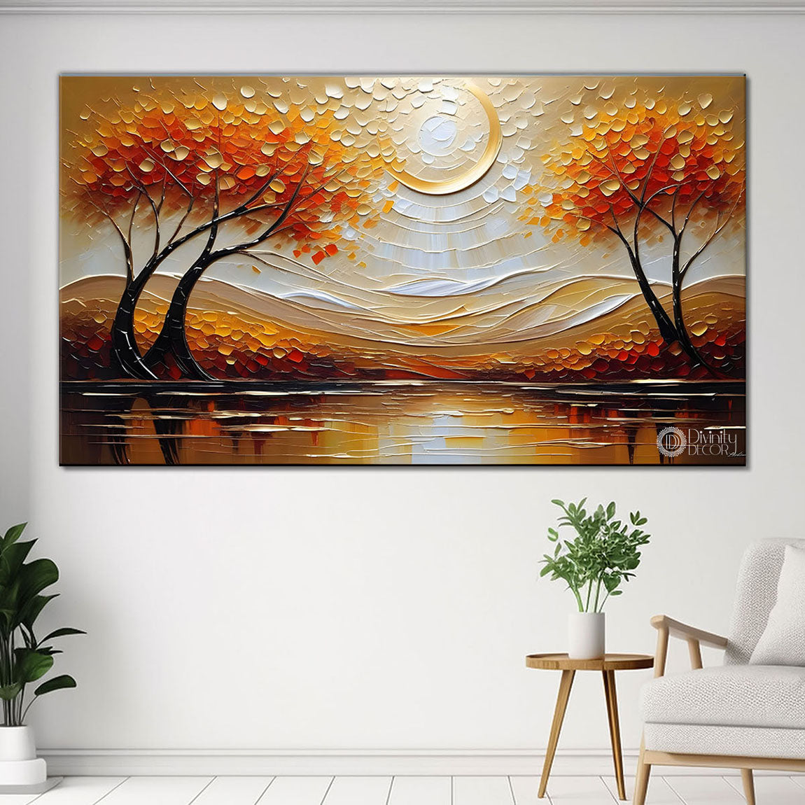 Orange trees with lake painting Canvas Painting - Nature Art -594