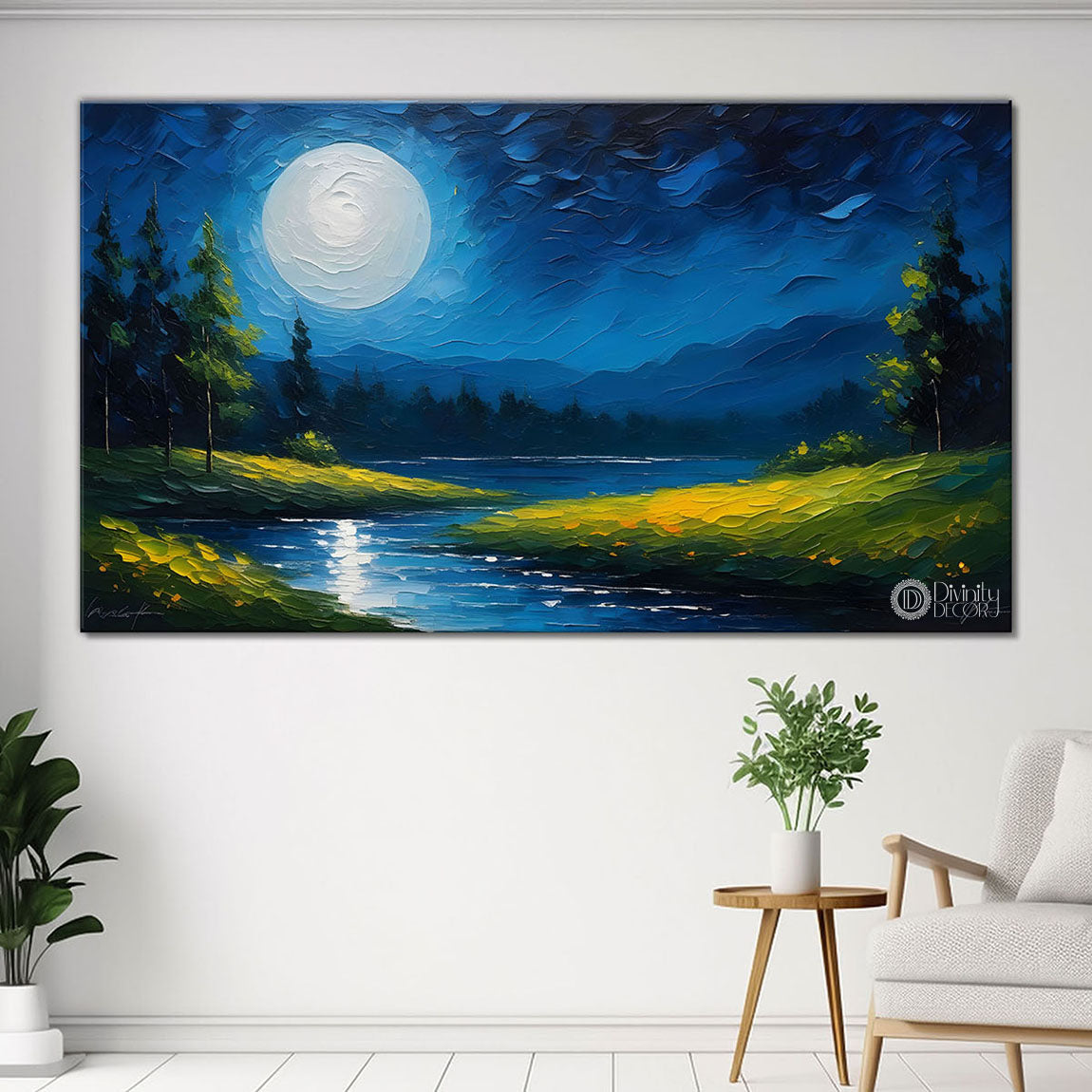Moon in the night with lake and mountains painting Canvas Painting - Nature Art -595