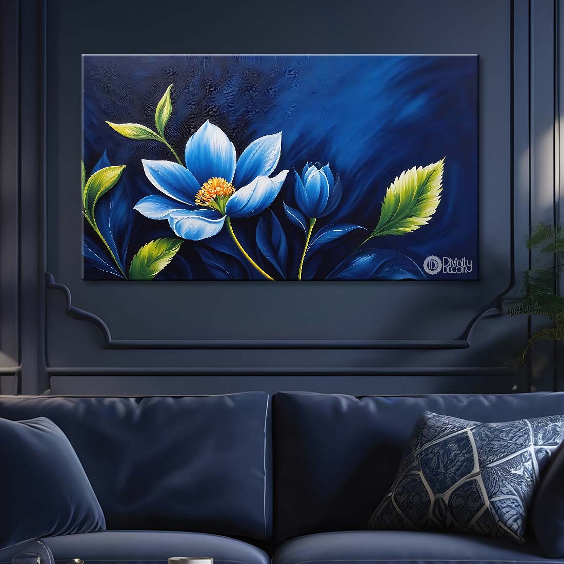 Blue flower in navy blue background canvas painting- Flower-596