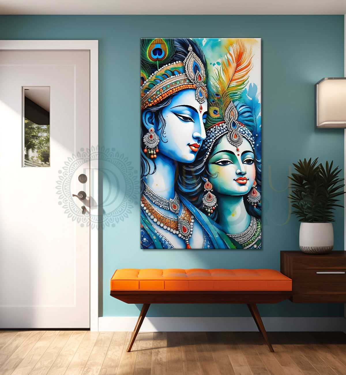 Blue face of krishna with radha in grey and light brown water colour textured art Canvas Painting - Design - Krishna-V-59