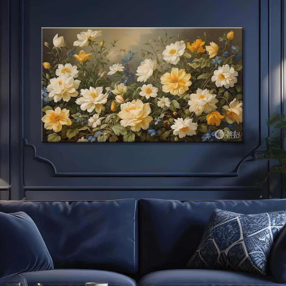 White flowers in green background canvas painting- Flower-601