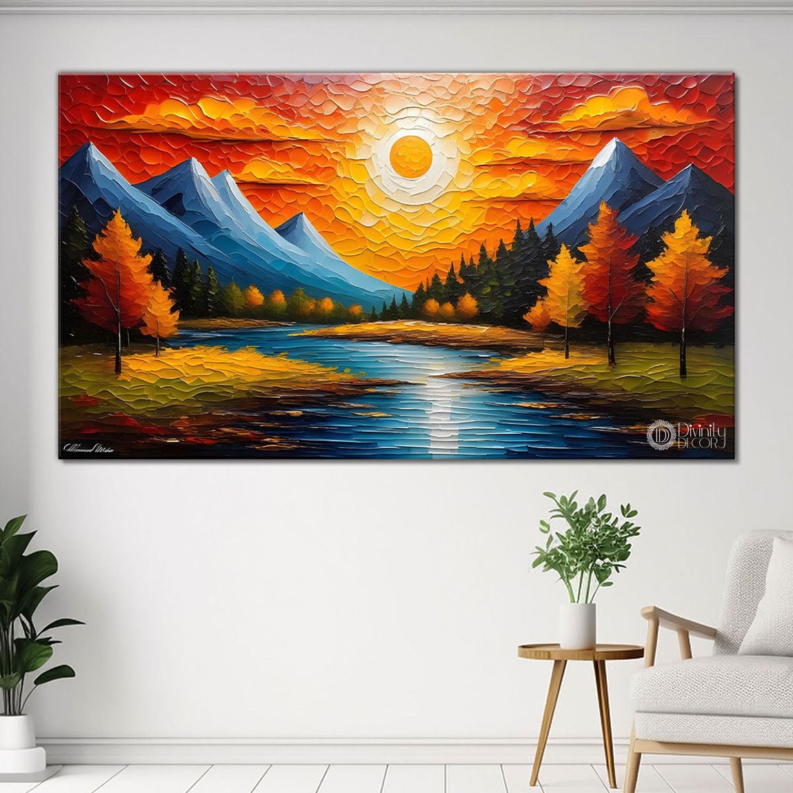 Mountains with trees and lake painting Canvas Painting - Nature Art -602