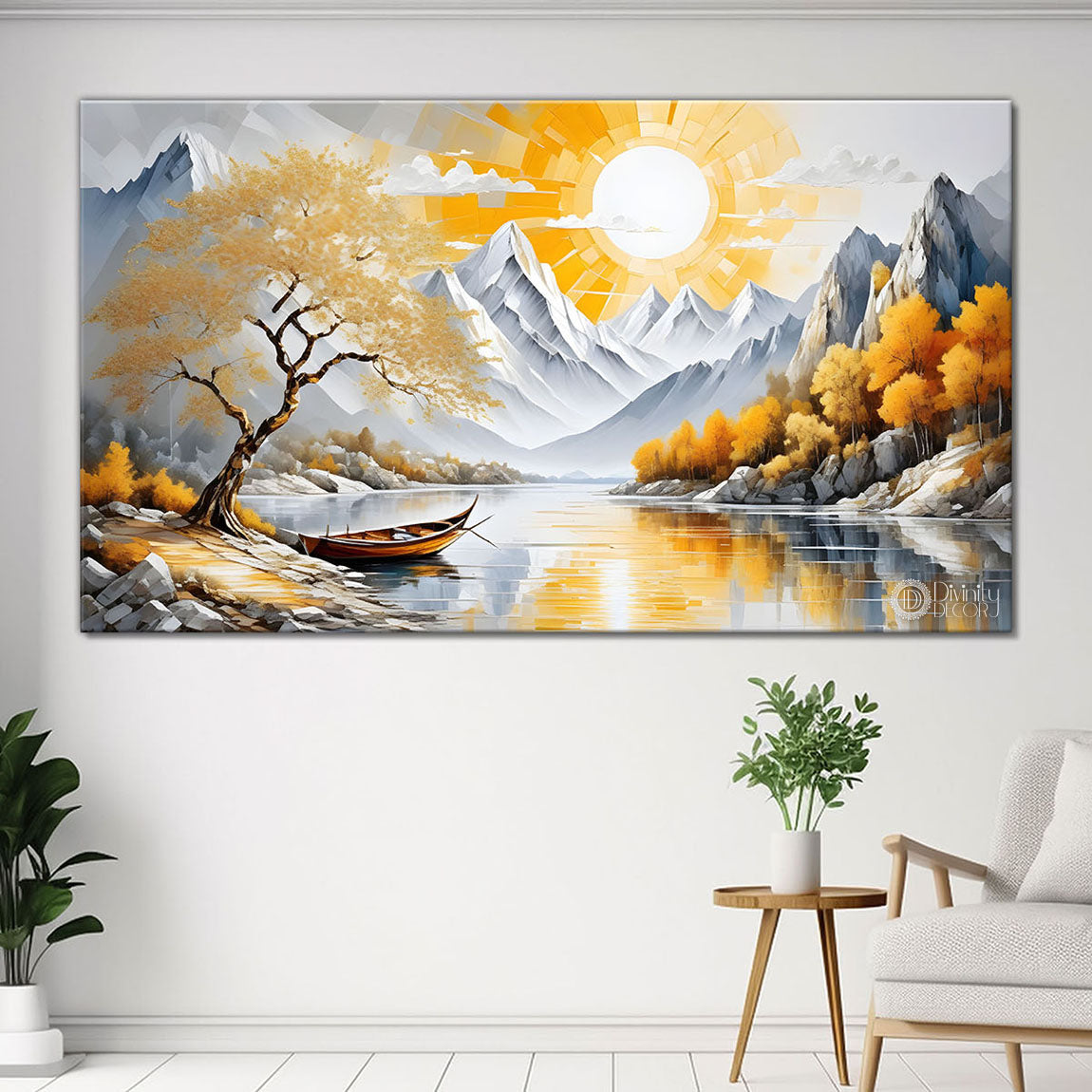 Mountains with yellow trees with lake painting Canvas Painting - Nature Art -604