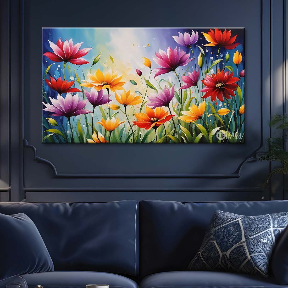 Colorful flowers in blue background canvas painting- Flower-605