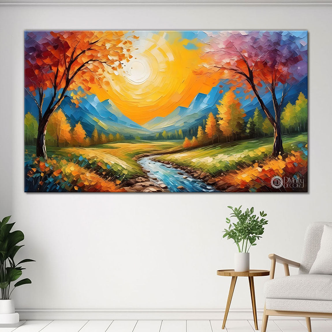 Mountains with pink trees and lake painting Canvas Painting - Nature Art -605