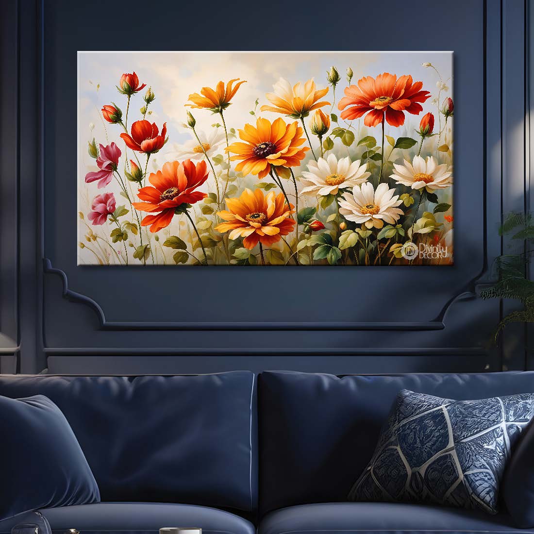 Orange and red flowers in light background canvas painting- Flower-606