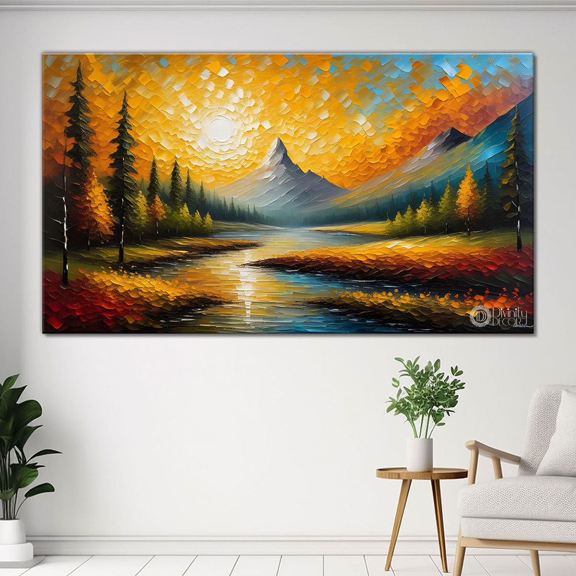 Mountains with trees and sunrise painting Canvas Painting - Nature Art -606