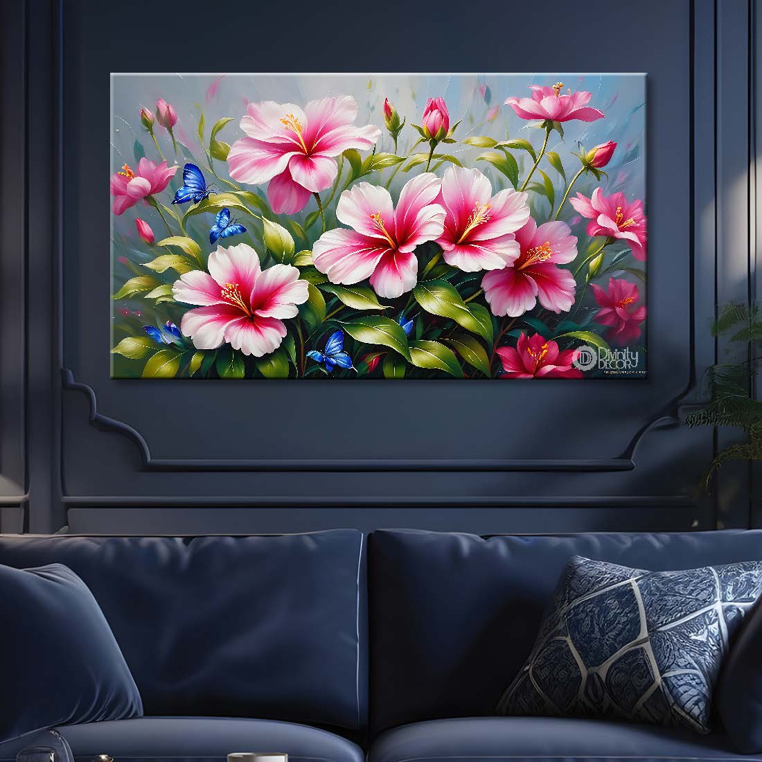 Pink flowers in grey background canvas painting- Flower-607