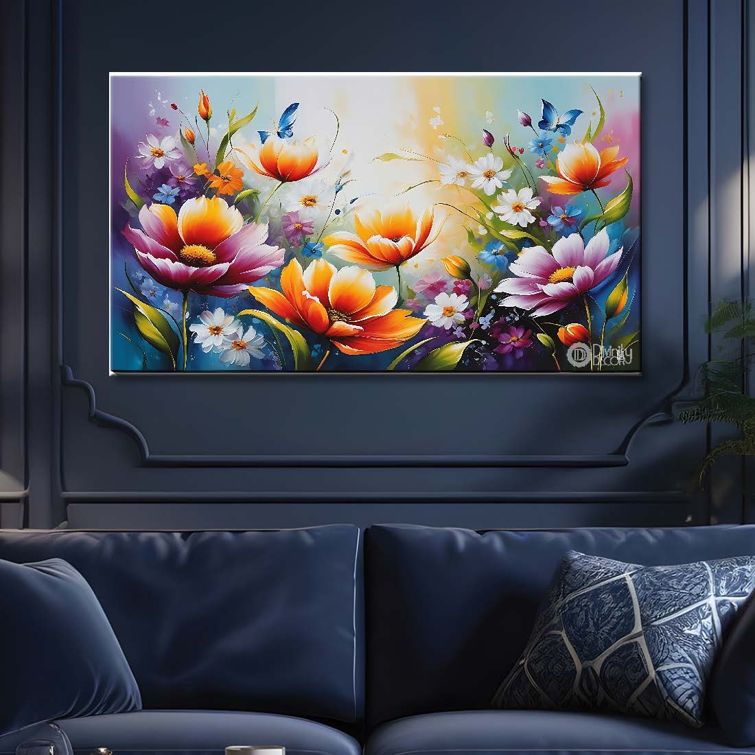 Colorful flowers in blue background canvas painting- Flower-608