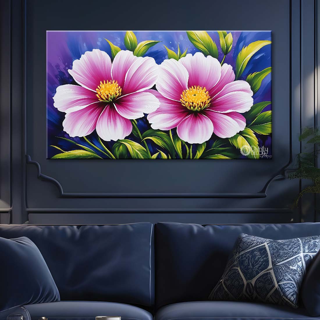 Pink flowers in grey background canvas painting- Flower-609