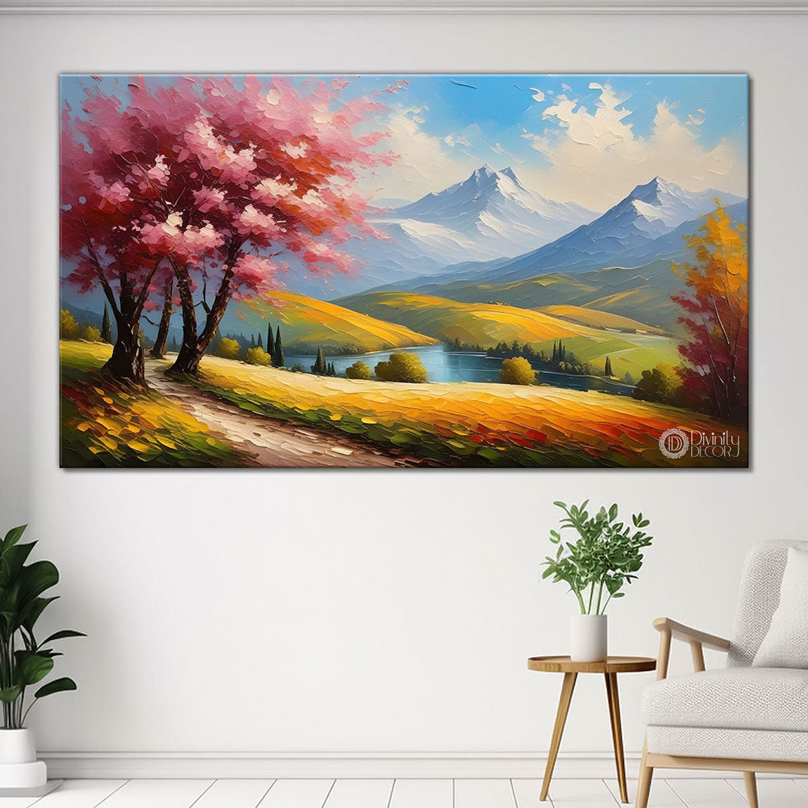 Mountains with pink trees painting Canvas Painting - Nature Art -609