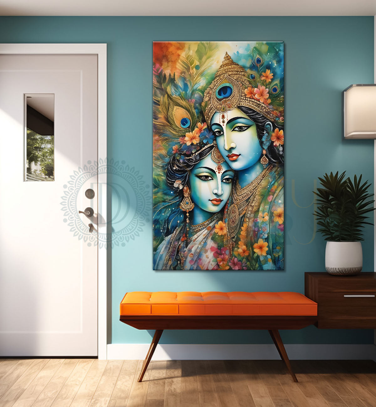 Blue face of krishna with radha in grey and light brown water colour textured art Canvas Painting - Design - Krishna-V-60