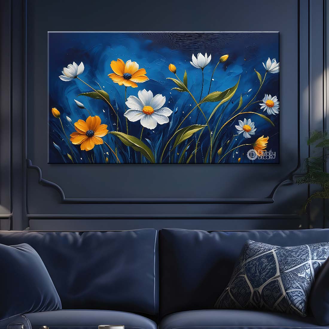 White and yellow flowers in navy blue background canvas painting- Flower-610