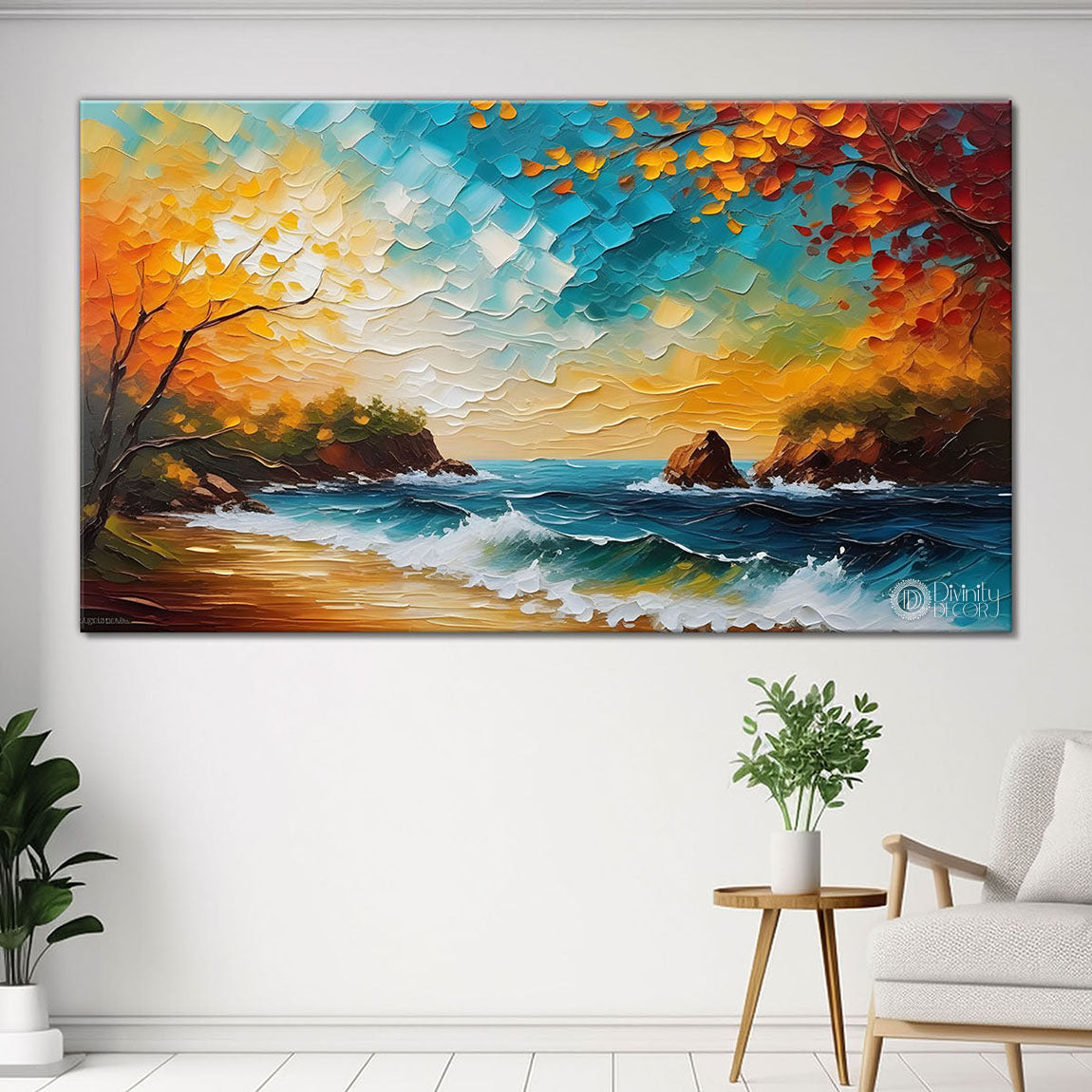 Orange trees with river painting art Canvas Painting - Nature Art -610