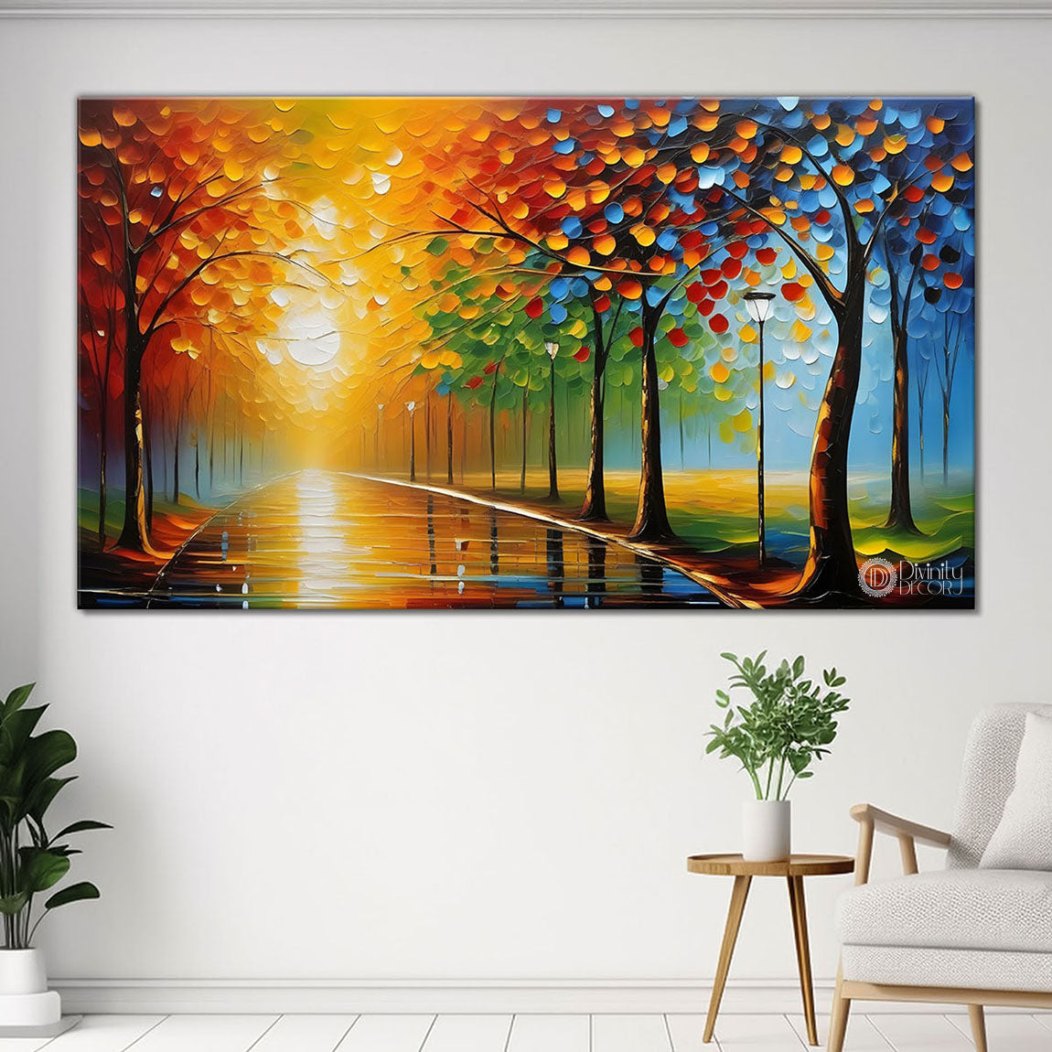 Colourful trees with sun painting Canvas Painting - Nature Art -611