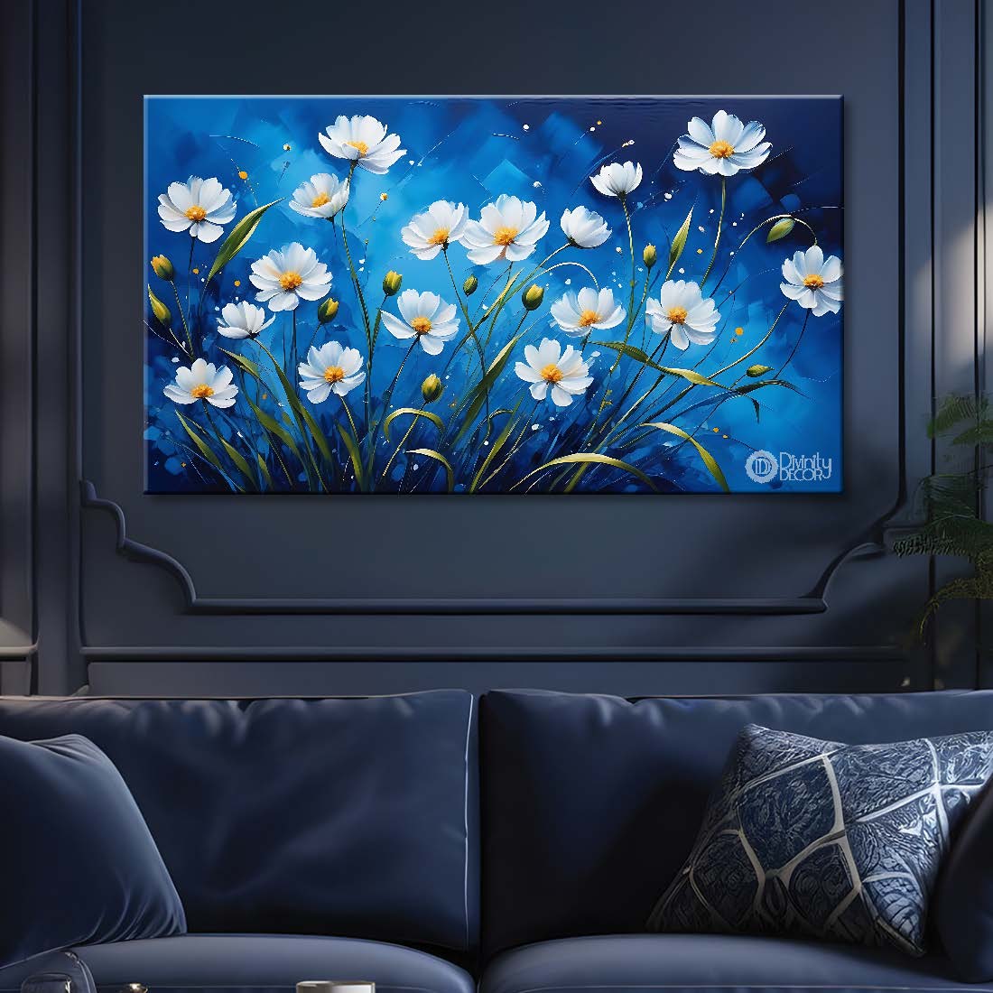 White flowers in blue background canvas painting- Flower-612