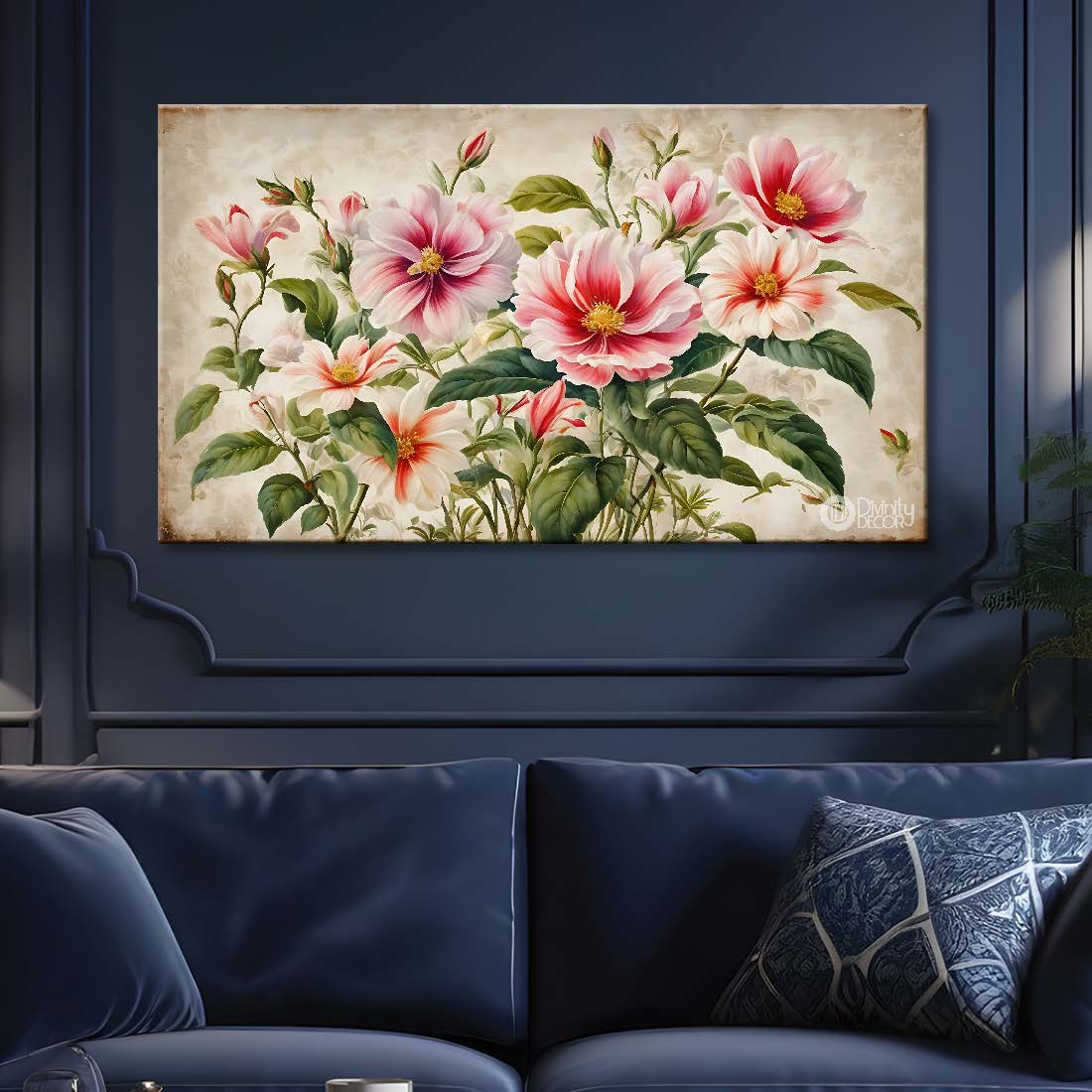 Pink flowers in light background canvas painting- Flower-614