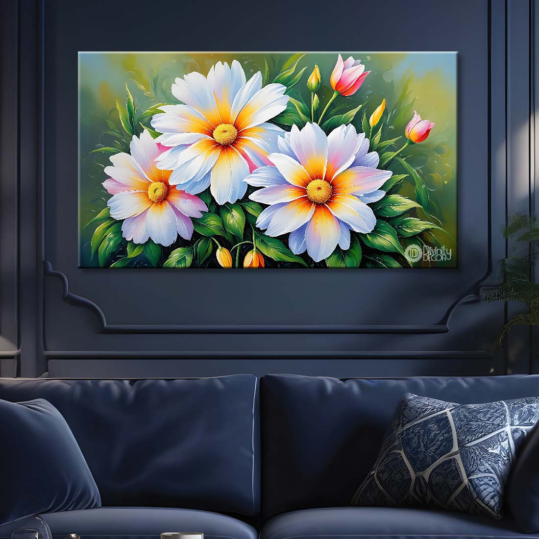 White flowers with green background canvas painting- Flower-615