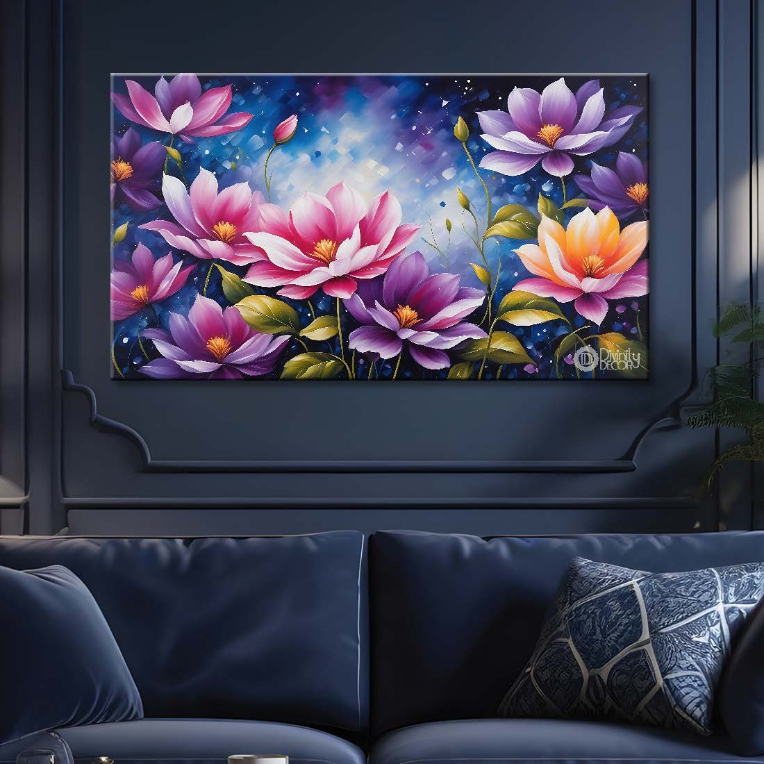 Pink flowers in blue background canvas painting- Flower-616