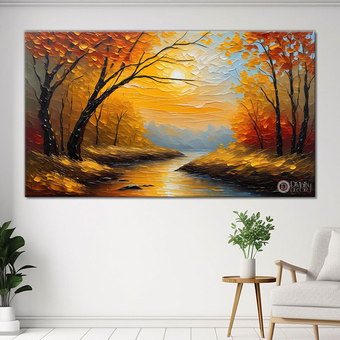 Orange trees with sun and lake painting Canvas Painting - Nature Art -616