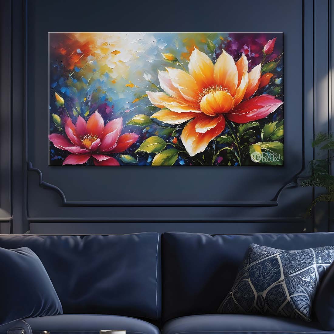 Yellow and pink flowers in blue background canvas painting- Flower-617