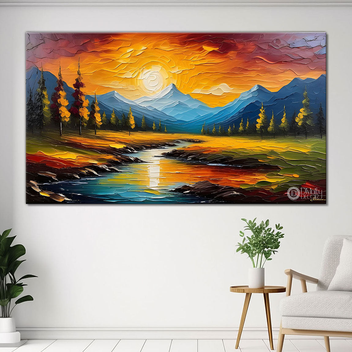 Mountains with sunrise and lake painting Canvas Painting - Nature Art -617