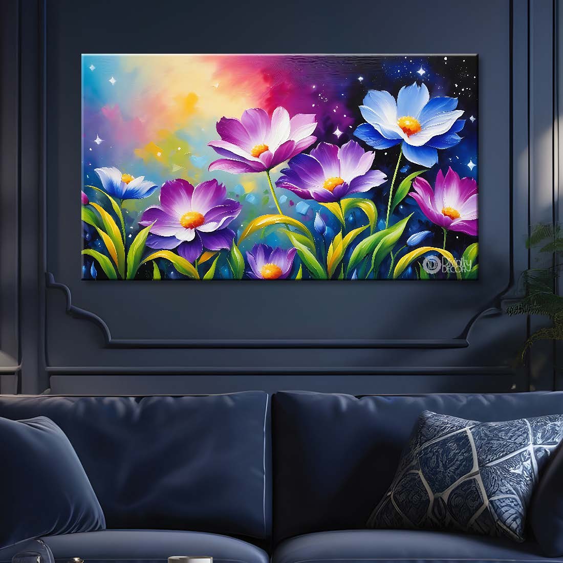 Purple flowers in colorful background canvas painting- Flower-618