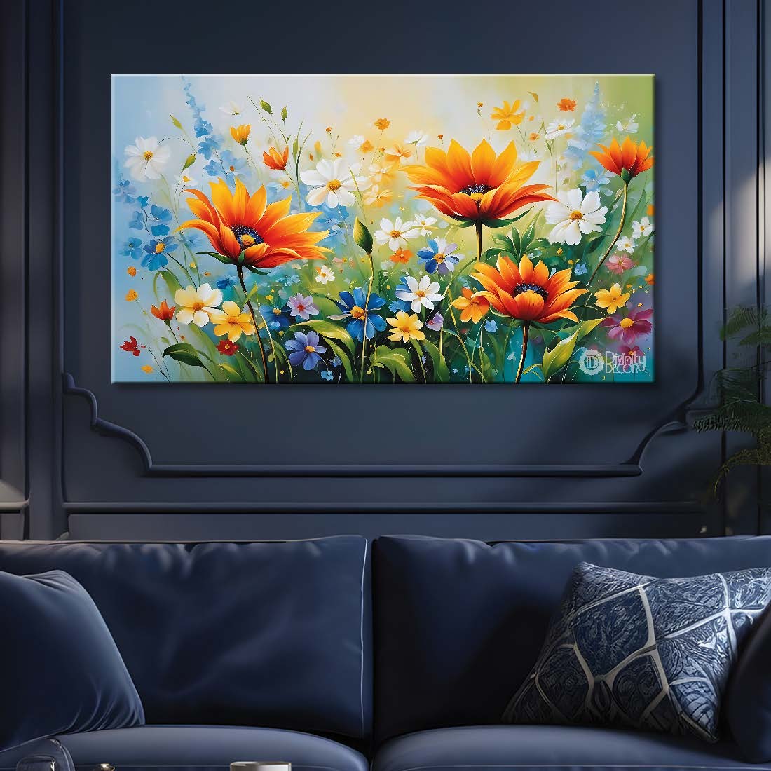 Orange flowers in sky blue background canvas painting- Flower-619