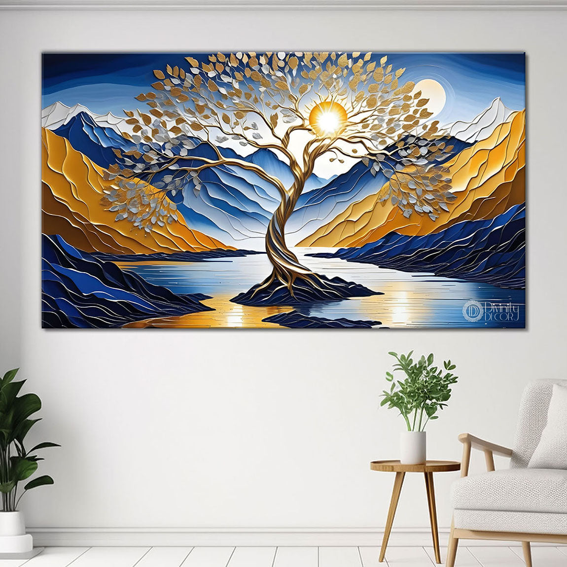 Golden tree in blue textured painting Canvas Painting - Nature Art -619