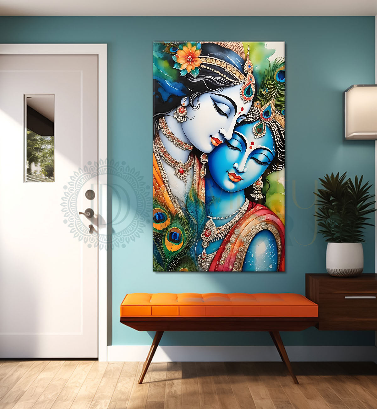 Blue face of krishna with radha in grey and light brown water colour textured art Canvas Painting - Design - Krishna-V-61