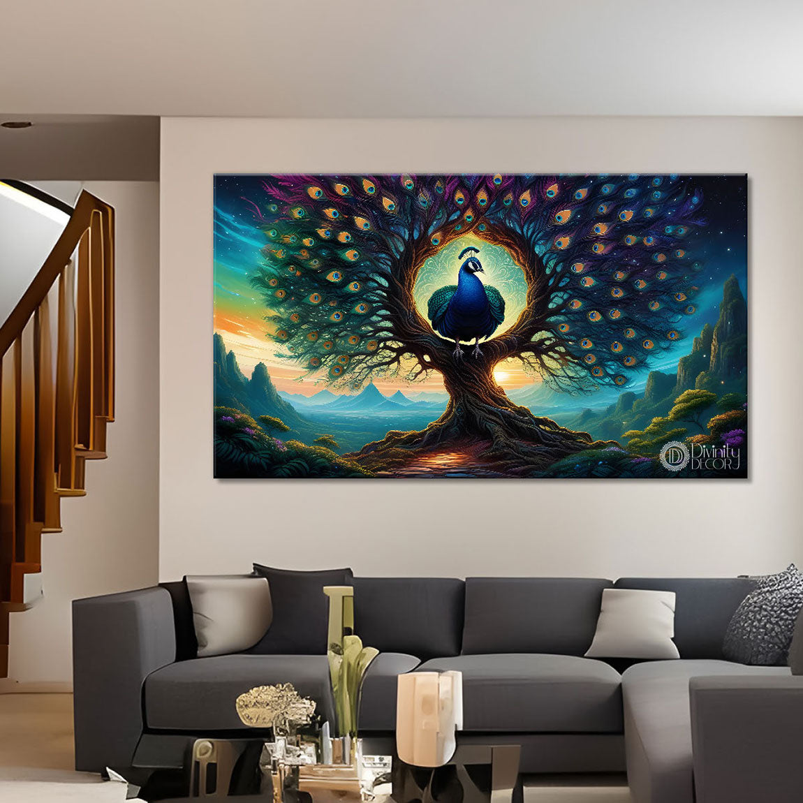Peacock in bright green colors oil painting Canvas Painting - Design - Peacock-61