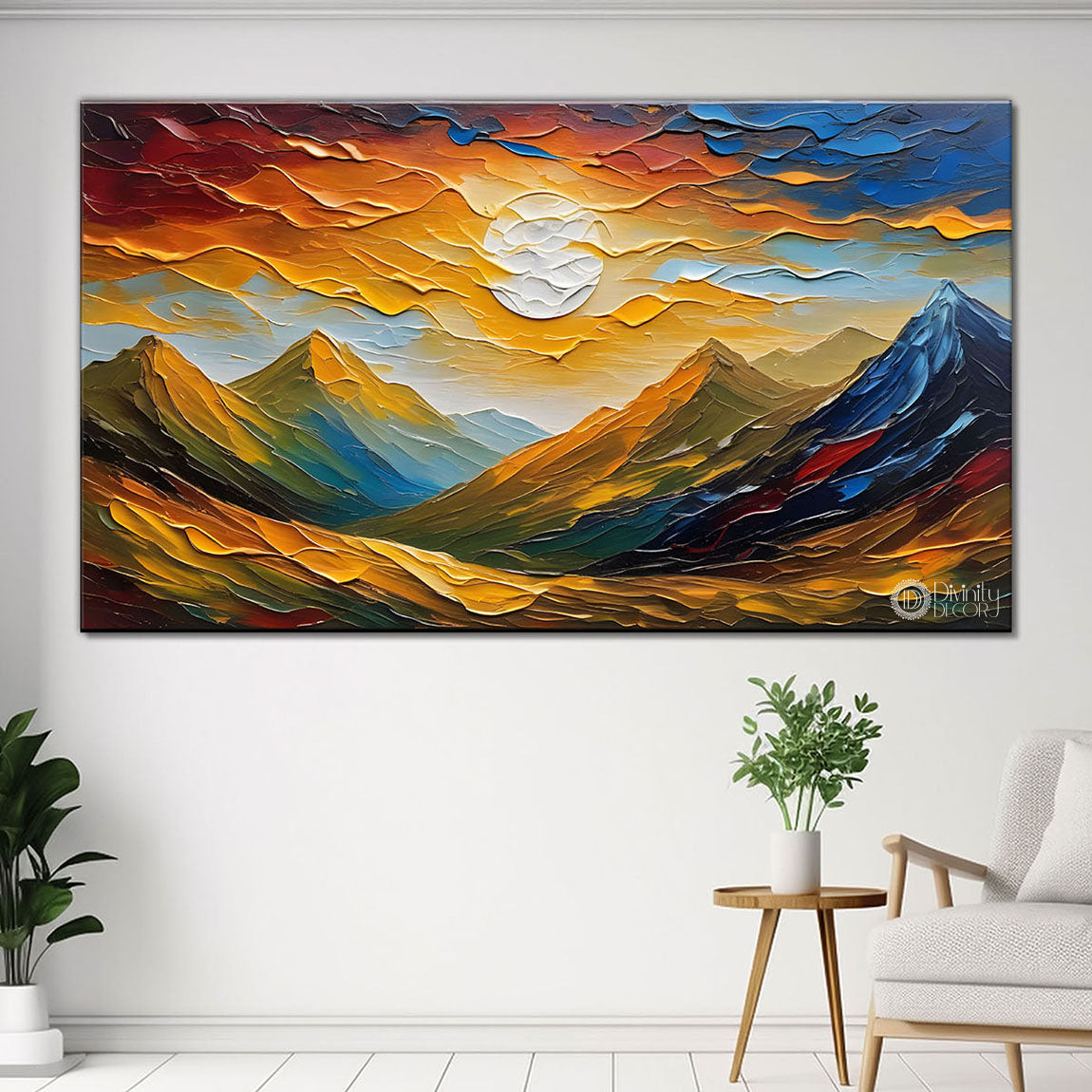 Mountains with sun textured painting Canvas Painting - Nature Art -620